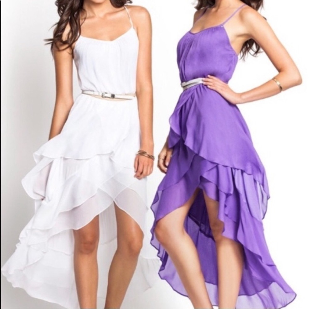 Guess Purple Ruffle Midi Dress High Low Maxi Cross Back Elastic Waist Size XS